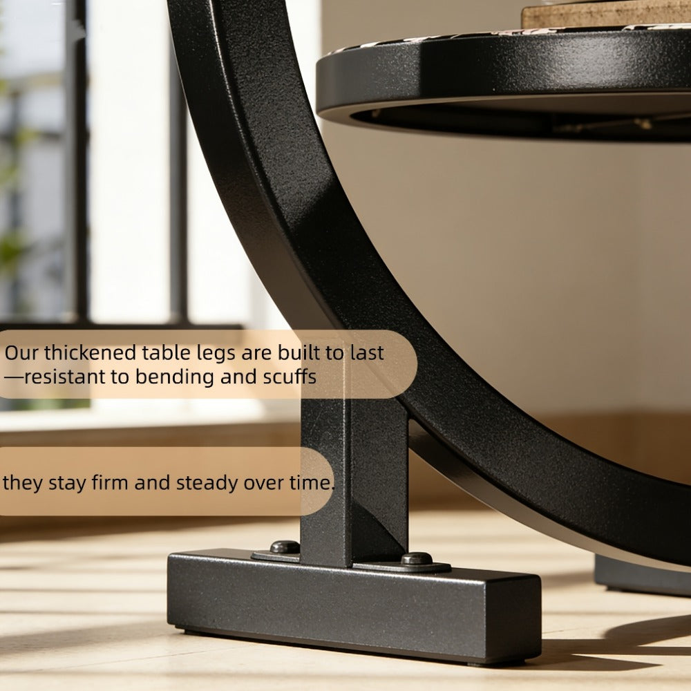 Side Table Wrought-Iron Style Metal Frame with MDF Marble-Pattern Top and Lower Open Shelf