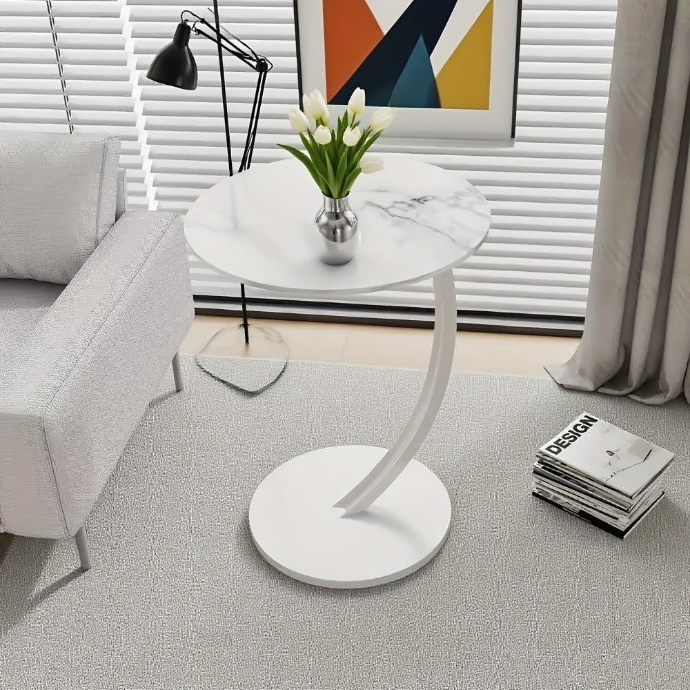 Side Table Wrought-Iron Style Metal Frame with MDF Marble-Pattern Top and Lower Open Shelf