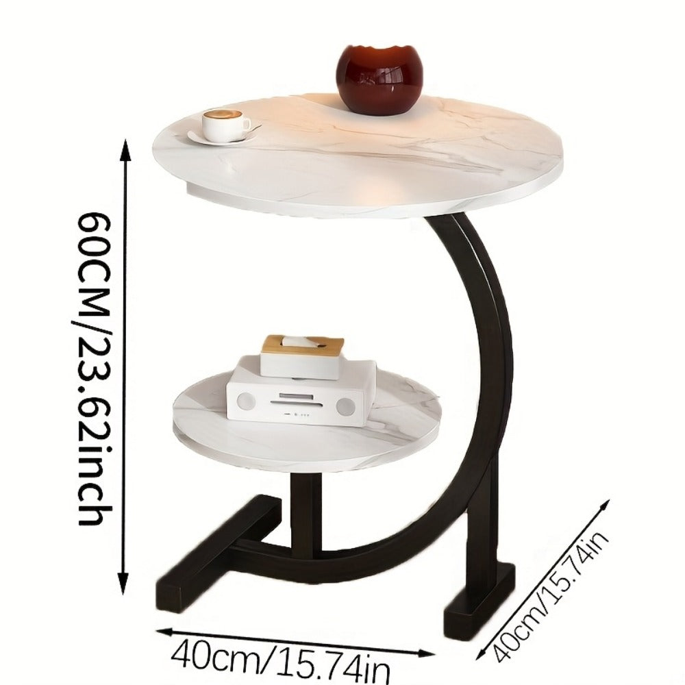 Side Table Wrought-Iron Style Metal Frame with MDF Marble-Pattern Top and Lower Open Shelf