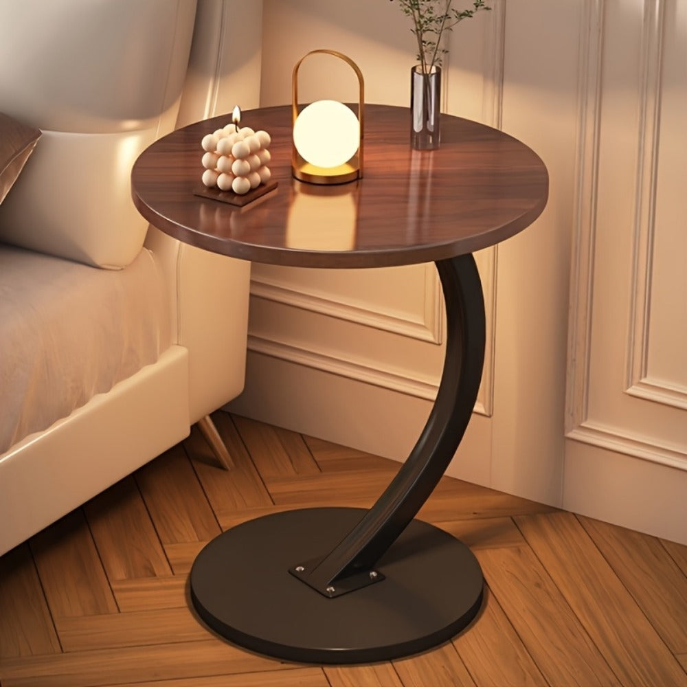 Side Table Wrought-Iron Style Metal Frame with MDF Marble-Pattern Top and Lower Open Shelf