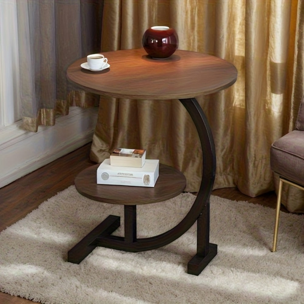 Side Table Wrought-Iron Style Metal Frame with MDF Marble-Pattern Top and Lower Open Shelf