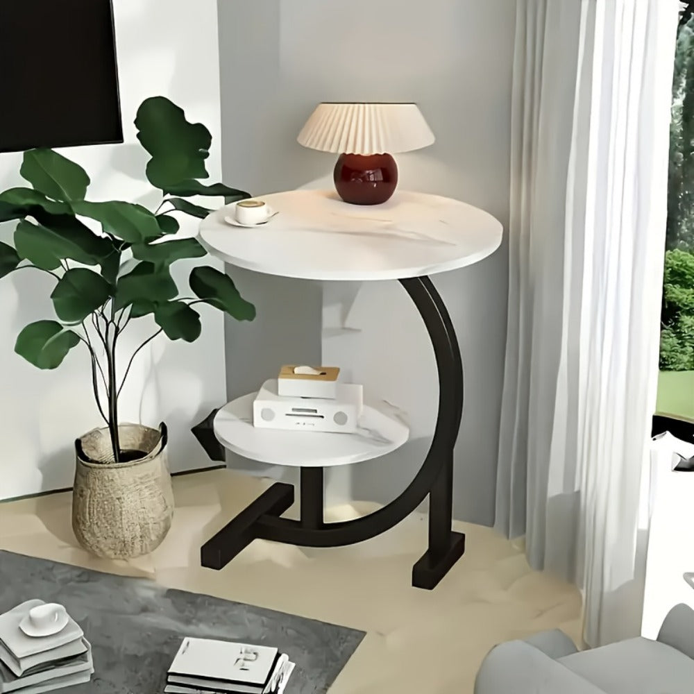 Side Table Wrought-Iron Frame with Single- or Double-Layer Marble and Wood-Grain Top Options