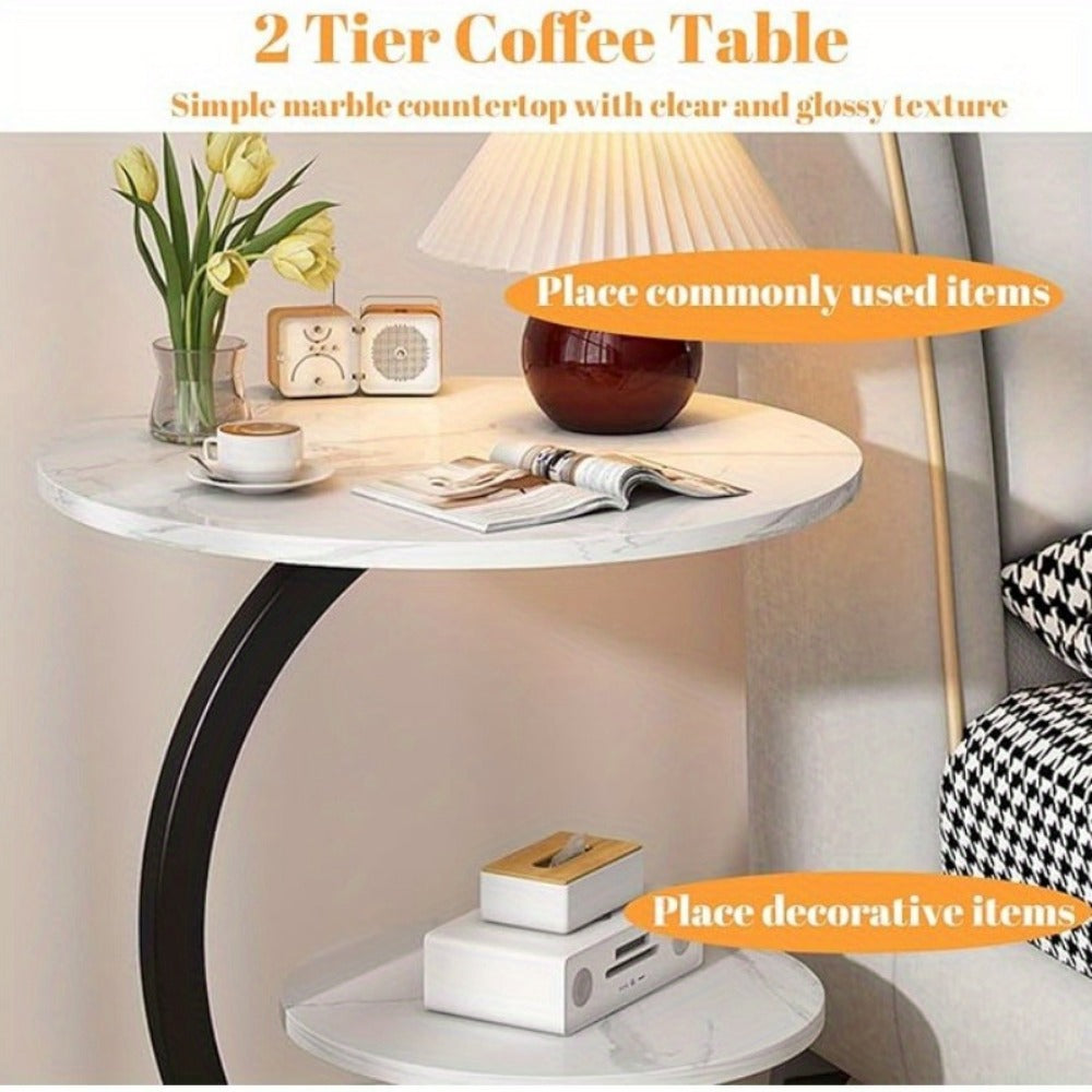 Side Table Wrought-Iron Frame with Single- or Double-Layer Marble and Wood-Grain Top Options
