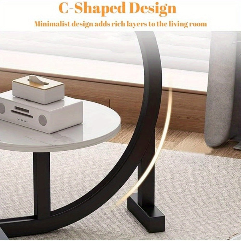 Side Table Wrought-Iron Frame with Single- or Double-Layer Marble and Wood-Grain Top Options