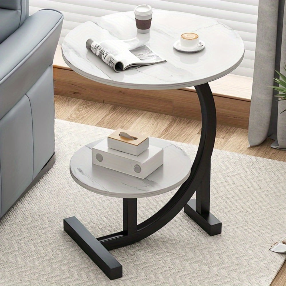 Side Table Wrought-Iron Frame with Single- or Double-Layer Marble and Wood-Grain Top Options