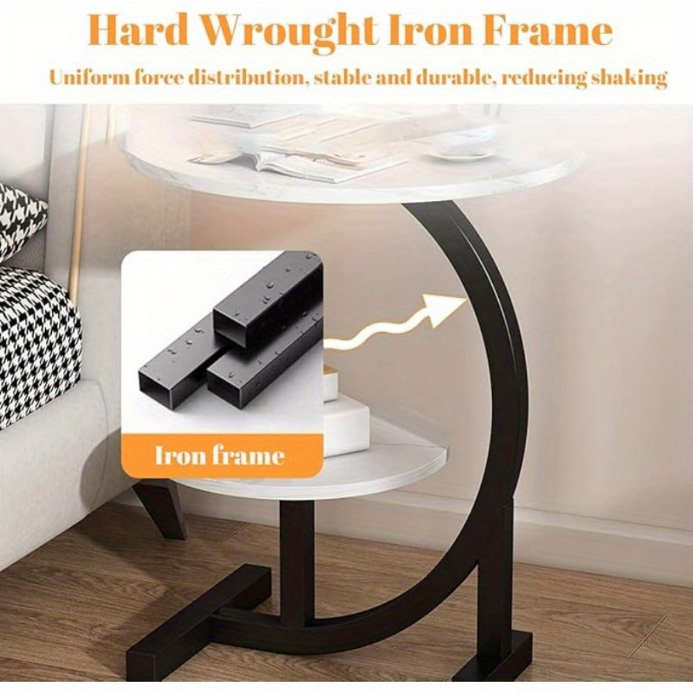 Side Table Wrought-Iron Frame with Single- or Double-Layer Marble and Wood-Grain Top Options