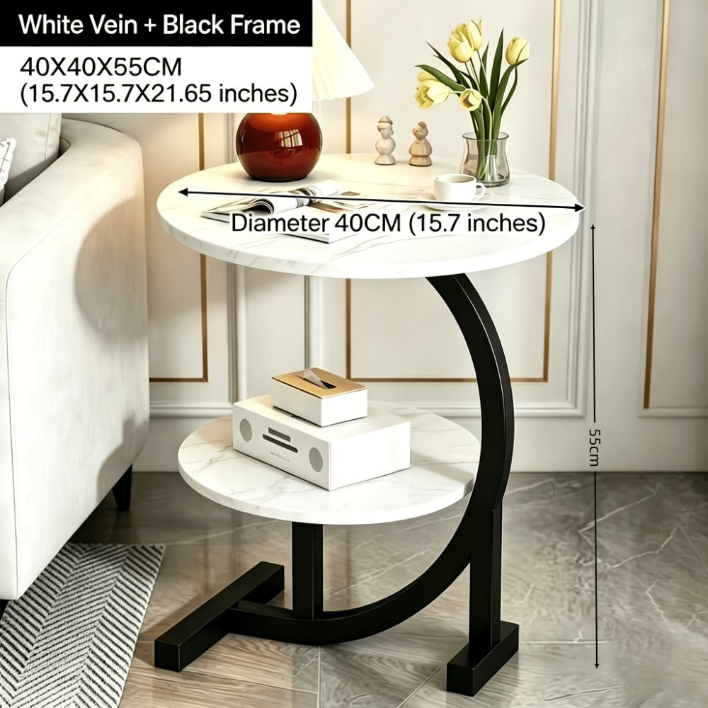 Side Table Wrought-Iron Frame with Single- or Double-Layer Marble and Wood-Grain Top Options