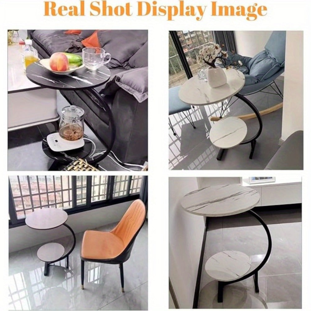 Side Table Wrought-Iron Frame with Single- or Double-Layer Marble and Wood-Grain Top Options