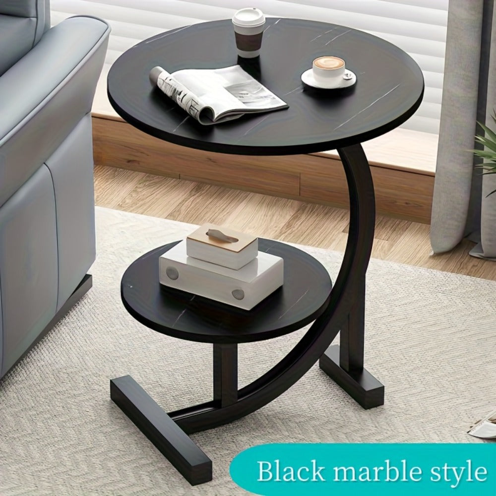 Side Table Wrought-Iron Frame with Single- or Double-Layer Marble and Wood-Grain Top Options
