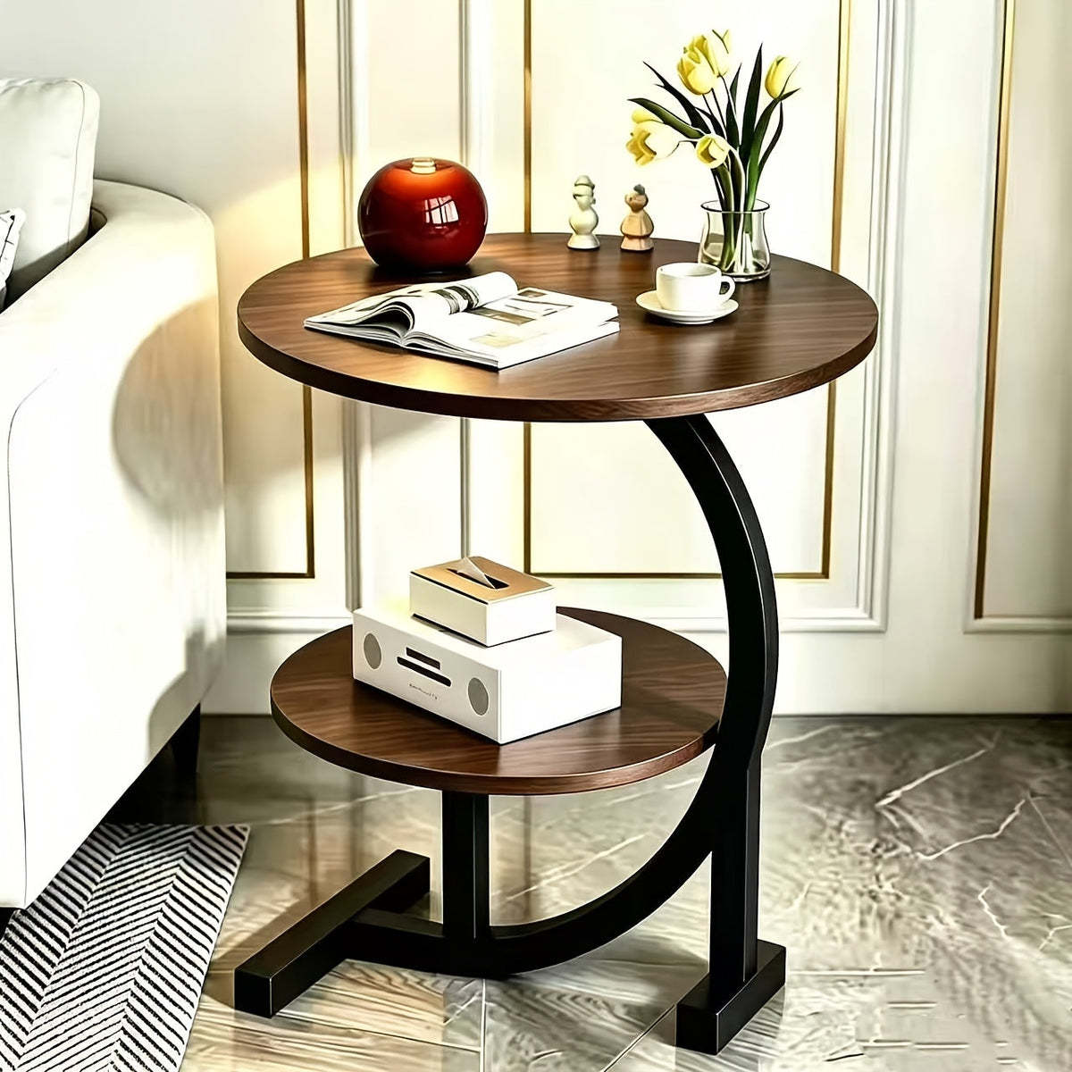 Side Table Wrought-Iron Frame with Single- or Double-Layer Marble and Wood-Grain Top Options