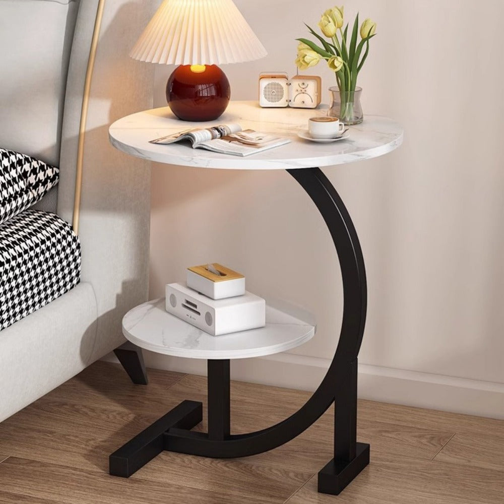 Side Table Wrought-Iron Frame with Single- or Double-Layer Marble and Wood-Grain Top Options