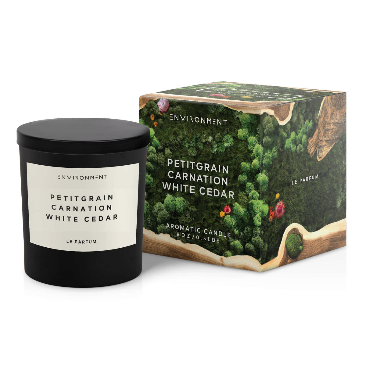 ENVIRONMENT 8oz Candle with Lid and Box Petitgrain Carnation WhiteCedar