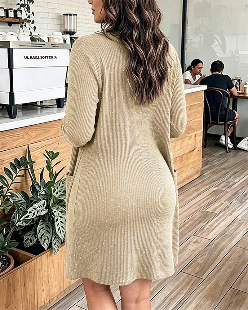 2 Pieces Outfit U-Neck Half Button Front Slim Fit Mini Tank Dress and Long Sleeve Pockets Design Mid-length Cardigan Casual Rhinestone Decor Textured Set