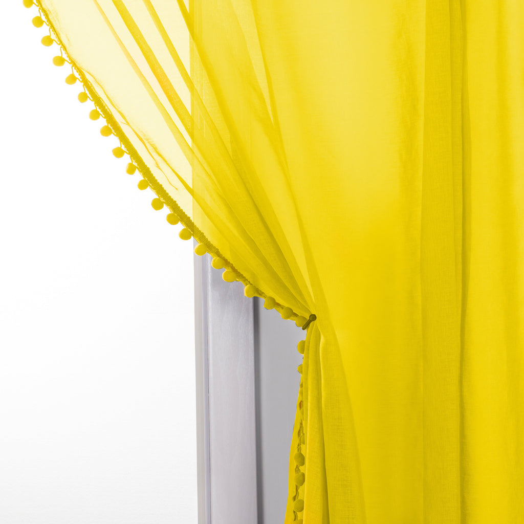 Elegant Comfort Set of 2 Pom Pom Tasseled Sheer Curtain - Rod Pocket