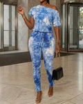 Damen-Jumpsuit in Denim-Optik mit schrägem Ausschnitt, kurzen Ärmeln, Kordelzug in der Taille und schmaler Passform