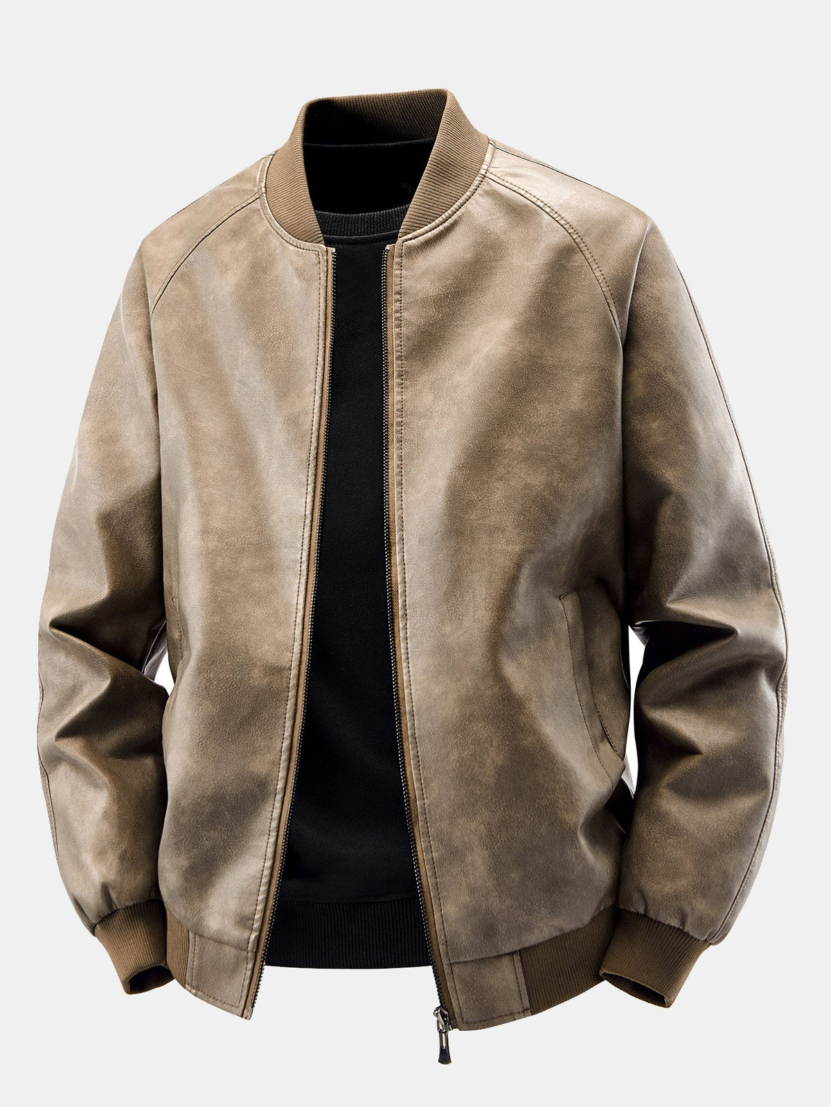 Fleece Lined Washed Distressed Leather Bomber Jacket