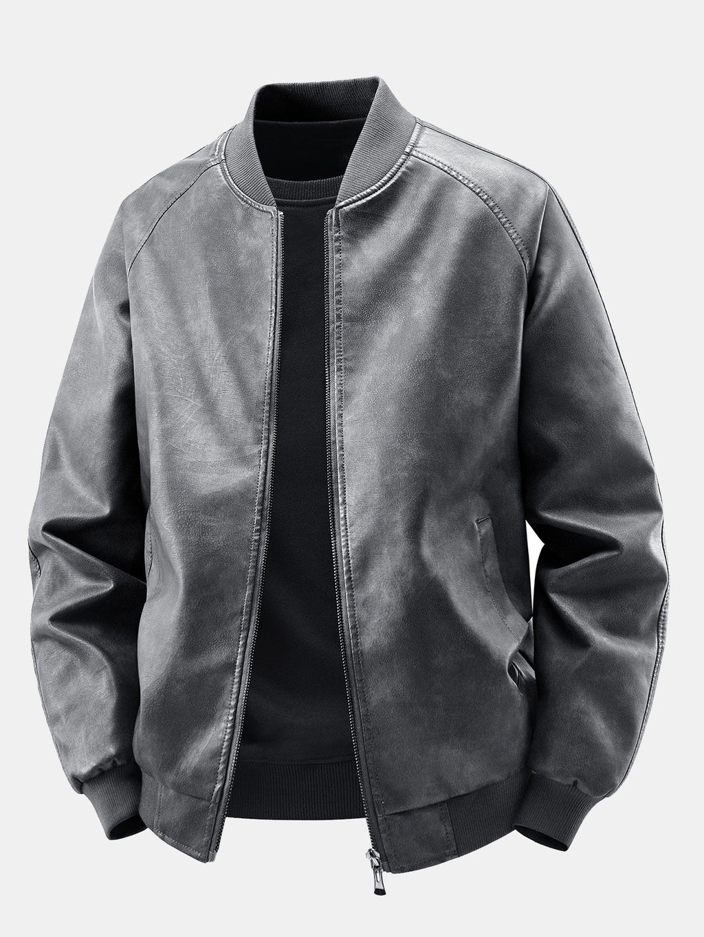 Fleece Lined Washed Distressed Leather Bomber Jacket
