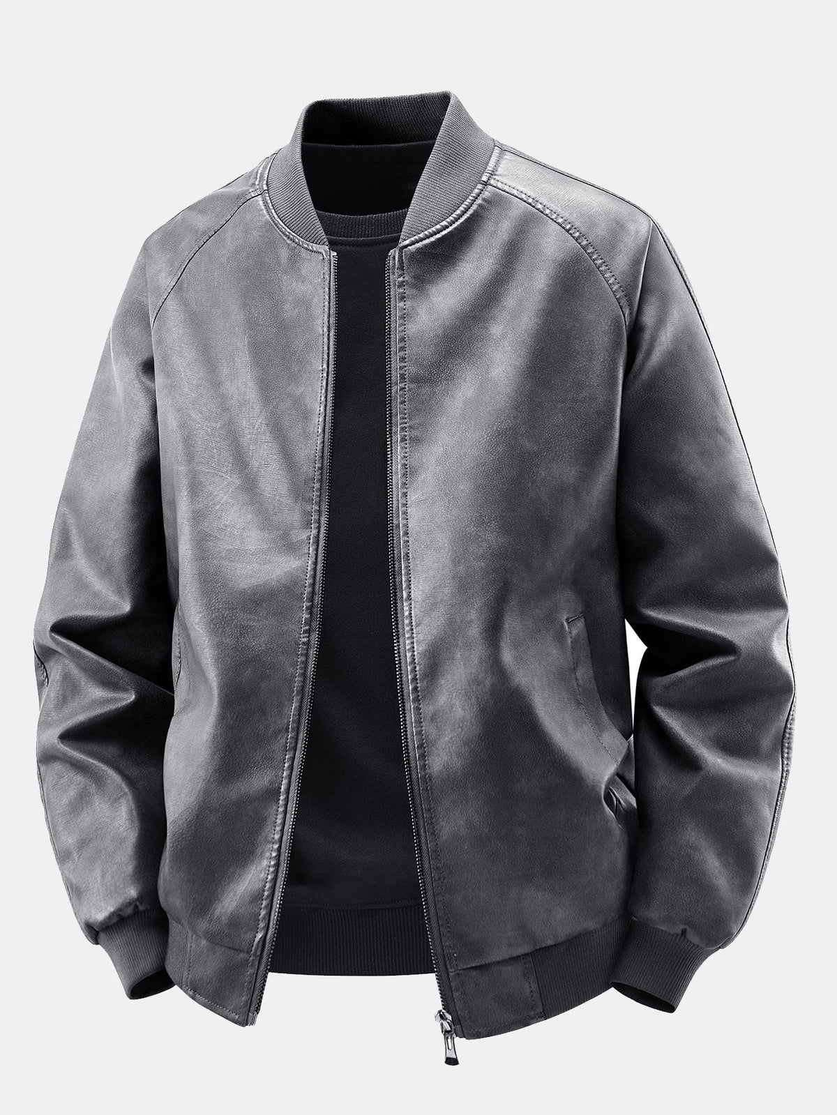 Fleece Lined Washed Distressed Leather Bomber Jacket
