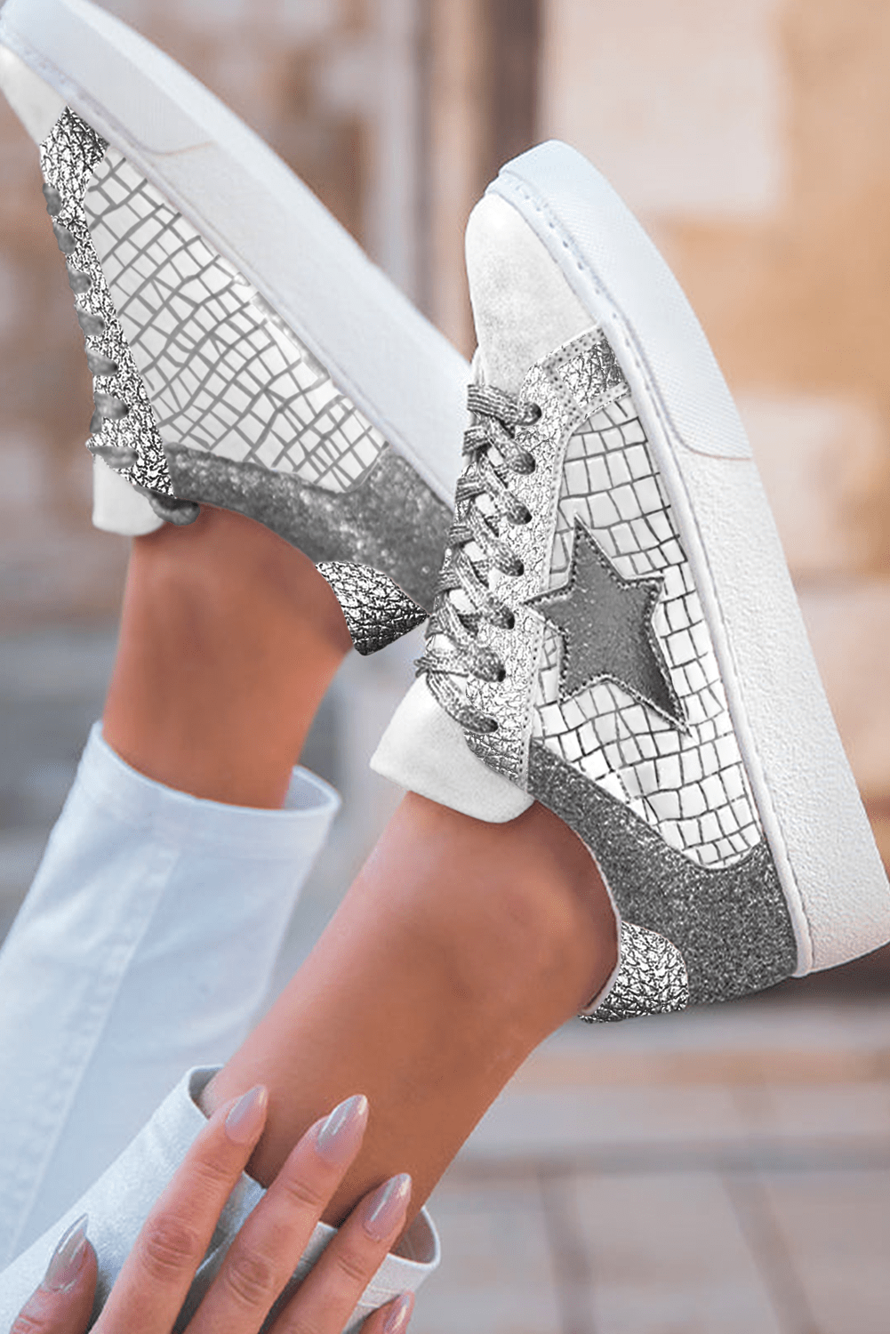 Threaded Pear Emi Glitter Star Lace-up Sneakers